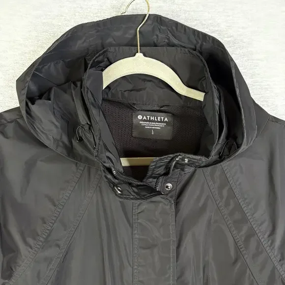Athleta Size Large Windout Jacket Long Rain Coat Black Hooded - Picture 7 of 12